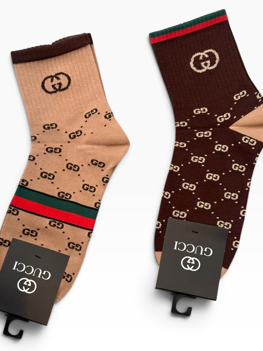 2 Pair Gucci Outlet Men's Logo Crew Socks in Brown and Tan with Stripe